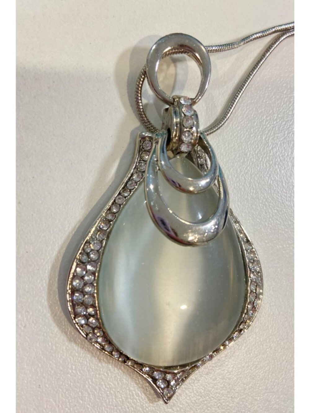 Silver Tone Cats Eye Pendant Necklace Rhinestone Statement Adjustable Chain